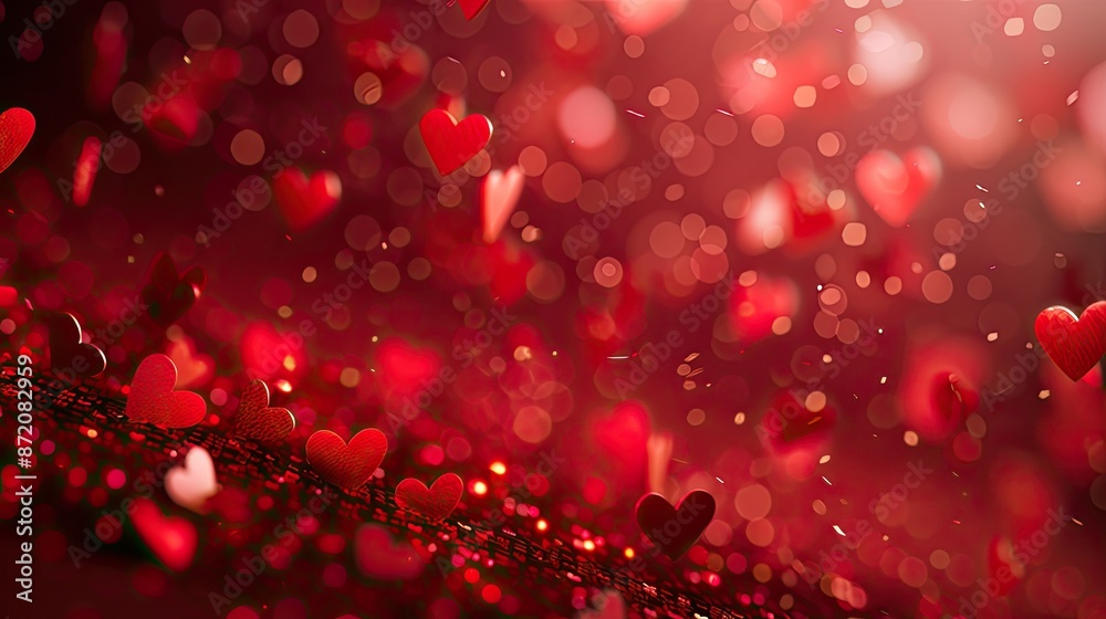 Two glittery red hearts on a vibrant, sparkling red background, symbolizing love and romance, perfect for Valentine's Day..