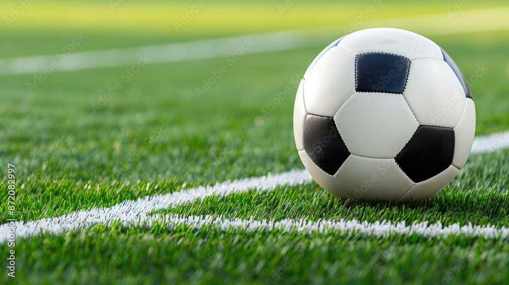 Fototapeta premium A soccer ball sits on a green grass field, with white lines marking the pitch and a goal visible in the distance