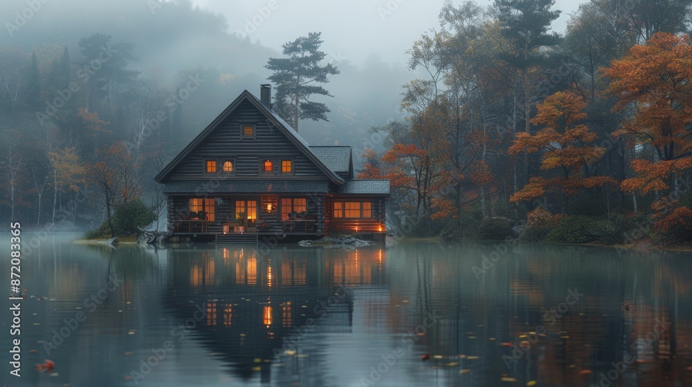 a wood cabin in a misty Norwegian forest a wood cabin in a misty Norwegian forest