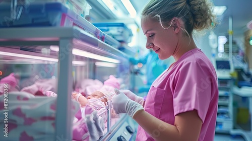 A smiling nurse in pink scrubs attending to a newborn baby in an incubator in the neonatal intensive care unit (NICU).. photo