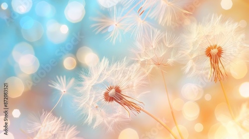 Abstract blurred nature background dandelion seeds parachute. Abstract nature bokeh pattern photo