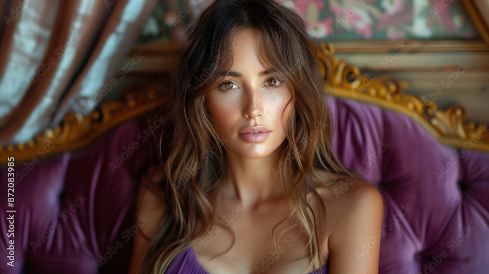 Fototapeta premium Woman With Long Brown Hair Sitting on a Purple Velvet Couch