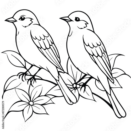 Two birds sitting with flowers, coloring page, vector black color, solid white background 