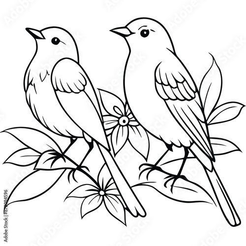 Two birds sitting with flowers, coloring page, vector black color, solid white background 
