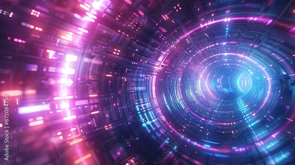 Obraz premium Abstract glowing tunnel with neon lights, creating a futuristic and vibrant atmosphere.