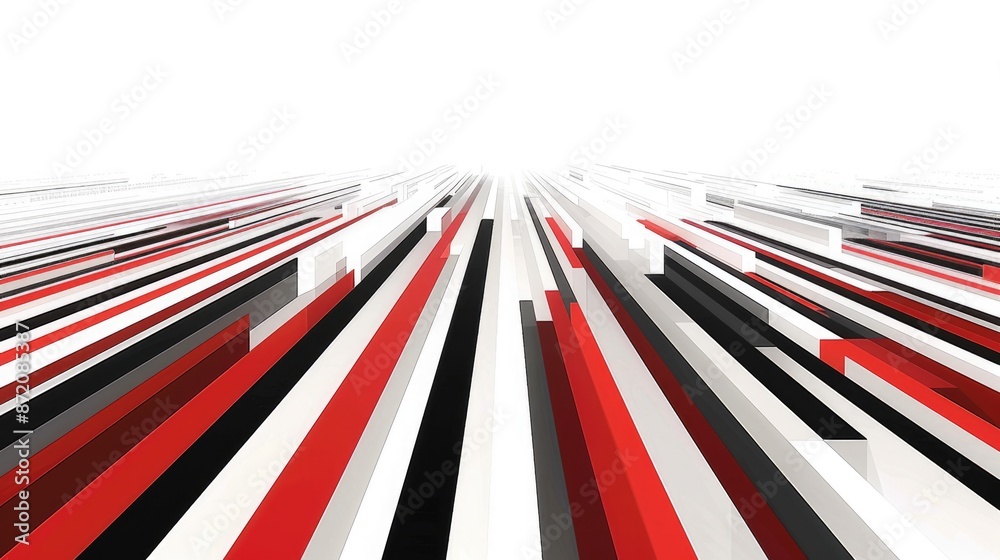 Fototapeta premium Geometric composition with a white background, red, black, and white stripes forming a futuristic pattern.