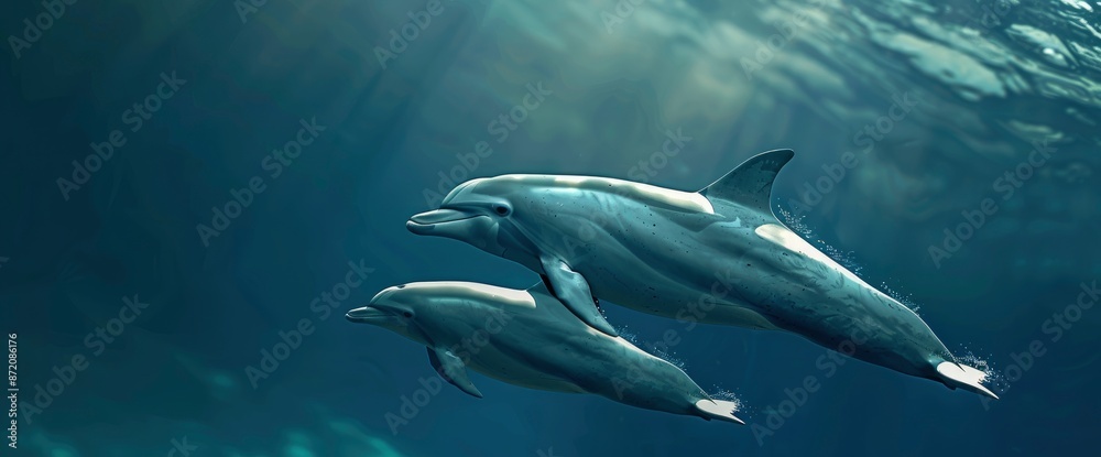 Obraz premium Bottlenose Dolphin (Tursiops Truncatus) Mother And Calf Swimming Together,High Resolution, Ultra HD