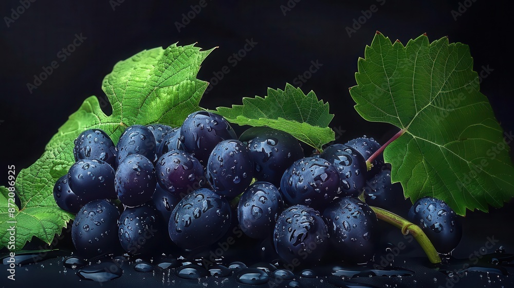 cluster of glossy black grapes with vibrant green leaves water droplets for freshness dramatic lighting dark background for contrast hyperrealistic detail cluster of glossy black grapes with vibrant green leaves water droplets for freshness dramatic lighting dark background for contrast hyperrealistic detail