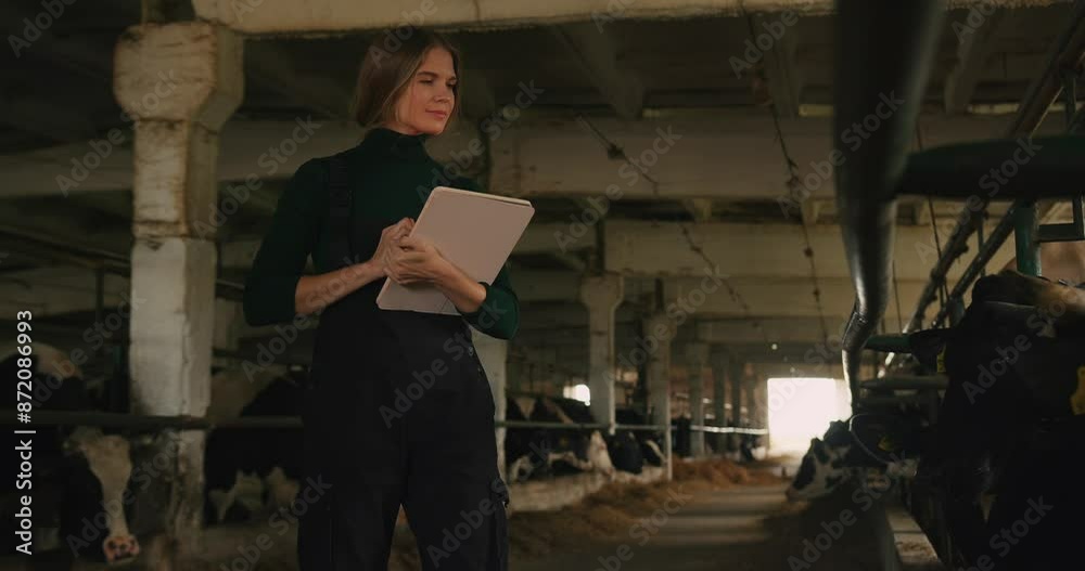 Young Woman Farmer in Work Clothes with Tablet in Hands in Cowshed on Farm Young Woman Farmer in Work Clothes with Tablet in Hands in Cowshed on Farm