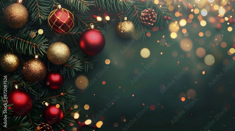 Festive Christmas Tree with Ornaments and Sparkling Bokeh Lights in the Background Festive Christmas Tree with Ornaments and Sparkling Bokeh Lights in the Background