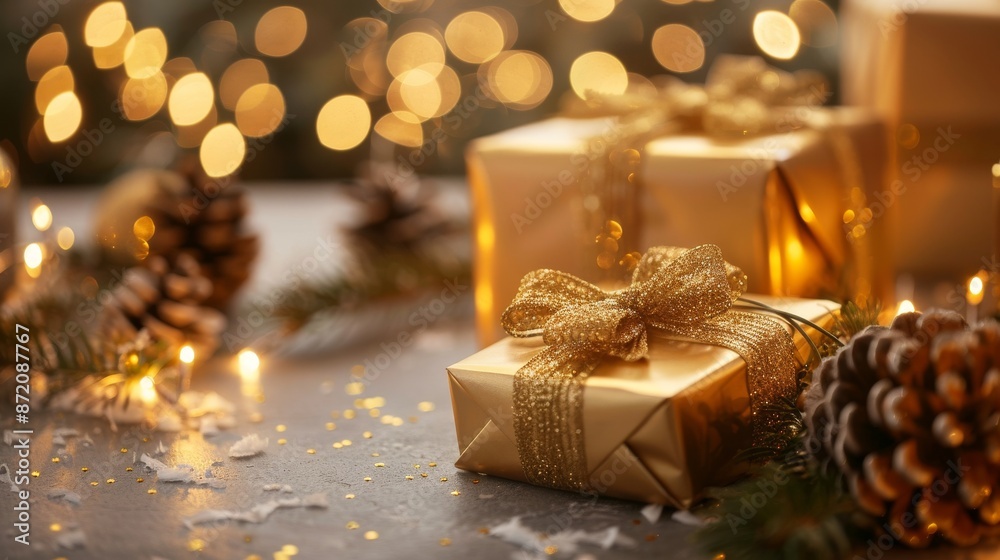 Festive Golden Christmas Gifts with Warm Bokeh Lights and Pine Cones on a Holiday Table