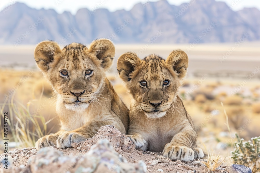 curious young lion cubs staring at camera in desert landscape animal photo curious young lion cubs staring at camera in desert landscape animal photo