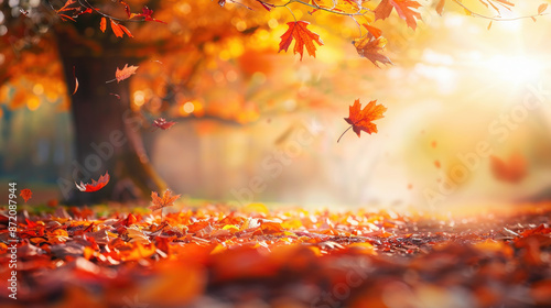 Beautiful orange and golden autumn leaves in a park with beautiful sunlight and bokeh lights. Natural autumn background. © pilipphoto