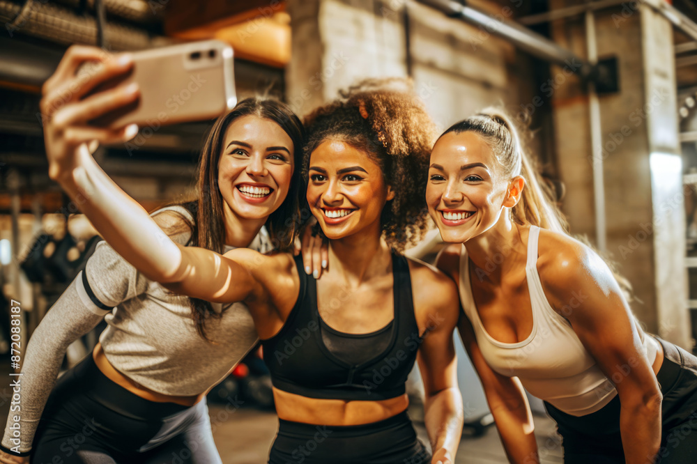 Three diverse women in sportswear smiling and taking a selfie in the gym after a workout. Three diverse women in sportswear smiling and taking a selfie in the gym after a workout.