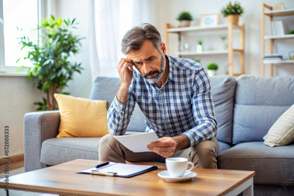 Thoughtful mature man reading document sitting on couch at home. Thoughtful mature man reading document sitting on couch at home.