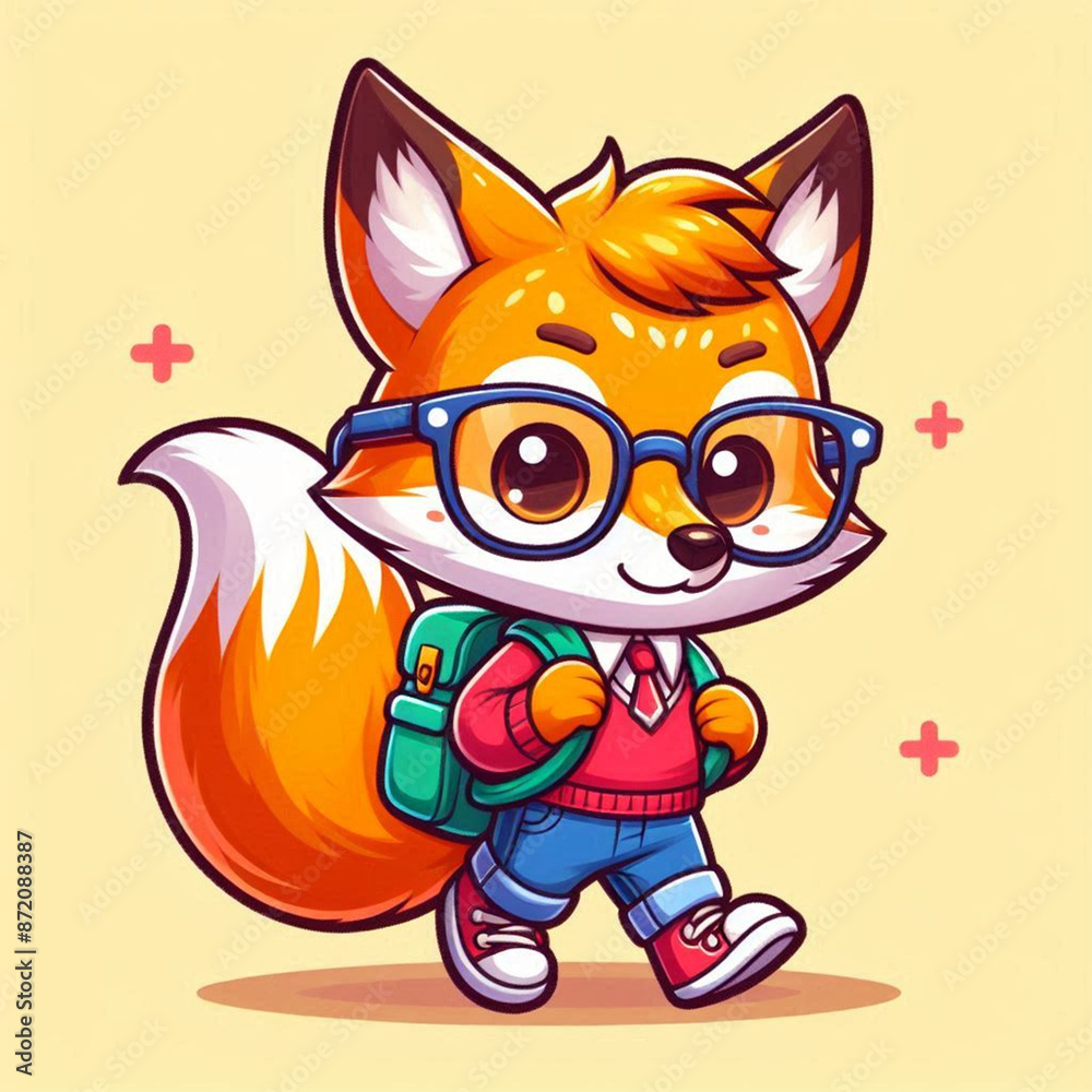 Fototapeta premium A Fox going to school and Wearing Glasses Cartoon Vector Icon white background