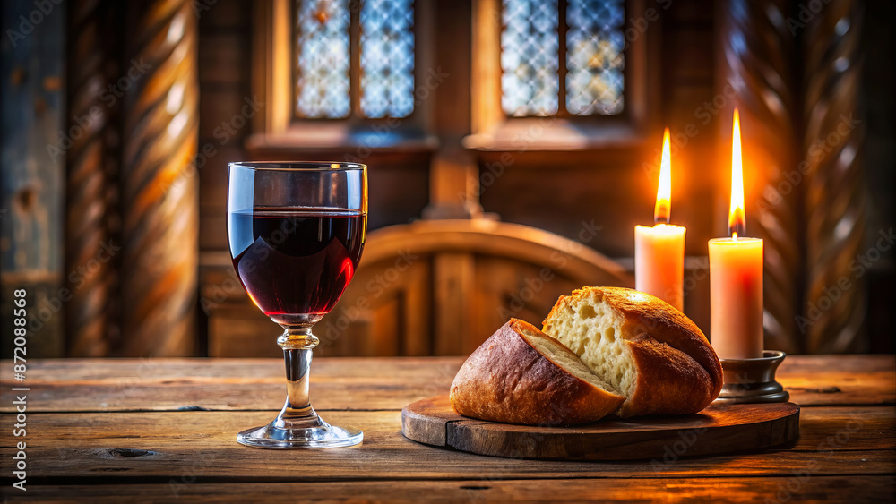 Glass of red wine and loaf of bread on wooden table in a sunlit church interior Glass of red wine and loaf of bread on wooden table in a sunlit church interior