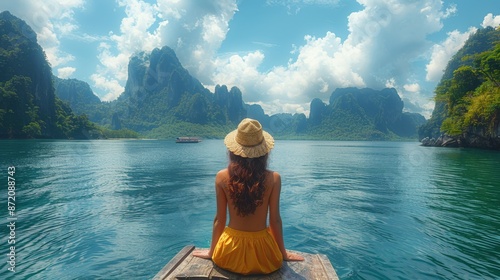 Beautiful girl sitting on the boat and looking to mountains in Ratchaprapha Dam at Khao Sok photo