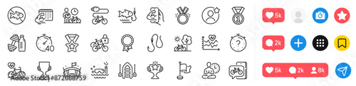 Dumbbell, Award cup and Timer line icons pack. Social media icons. Quiz, Winner ribbon, Fitness calendar web icon. Success, Bicycle lockers, Boat pictogram. Fitness, Arena, Fishing. Vector