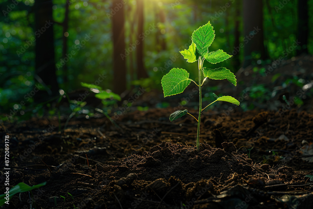 A young tree sprout grows in the forest, the sun's rays shine on it, against the background of dark brown soil and green leaves, copy space concept for ecology environment nature landscape protection A young tree sprout grows in the forest, the sun's rays shine on it, against the background of dark brown soil and green leaves, copy space concept for ecology environment nature landscape protection