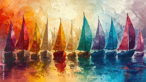 Landscape with sailboats, captured in oil painting with bright colors and on a gradient canvas. © Neuraldesign