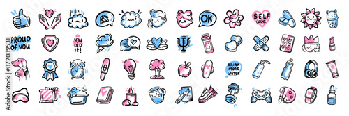Self-care doodle icon set, mental health symbol, vector hand drawn positive thinking good habits. Optimism lifestyle collection, personal psychology support ink sketch. Relax routine self-care icon