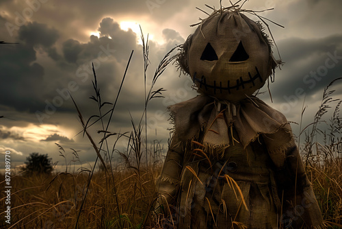 Scarecrow standing alone in a desolate field under a bleak sky photo