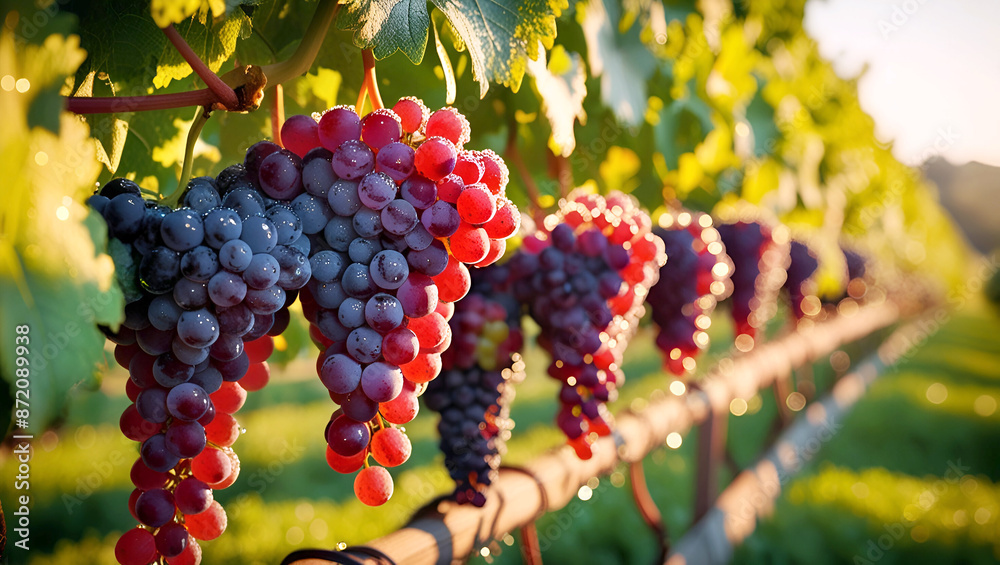In a sun-drenched vineyard, vibrant clusters of ripe grapes hang from the vines, promising the rich flavors of summer's bounty captured in each plump fruit - Generative AI In a sun-drenched vineyard, vibrant clusters of ripe grapes hang from the vines, promising the rich flavors of summer's bounty captured in each plump fruit - Generative AI