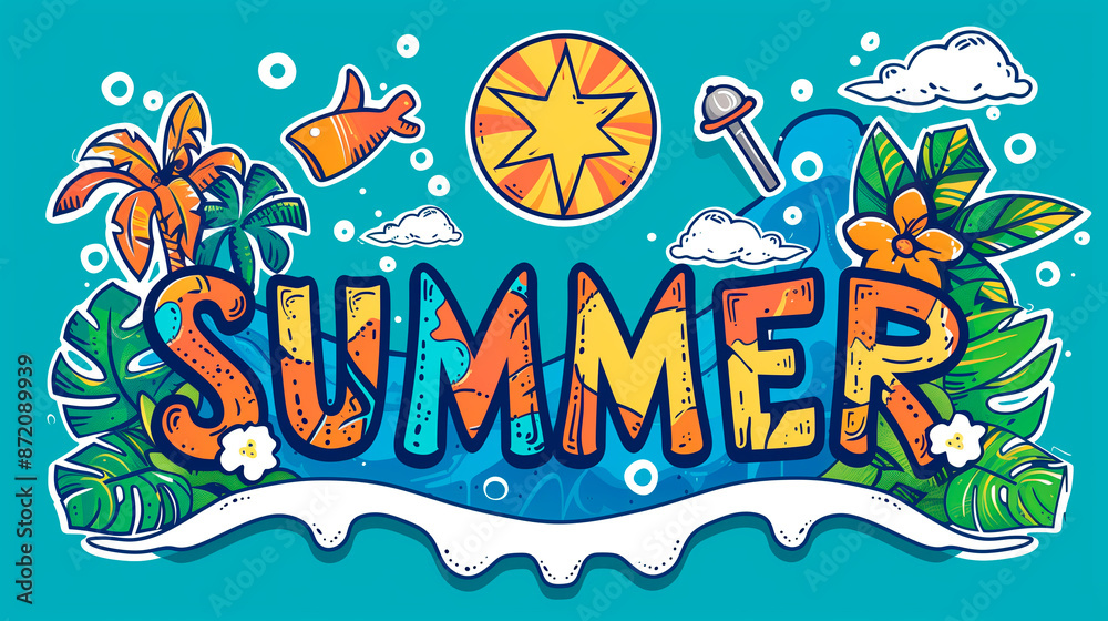 Fototapeta premium Vintage word Summer illustration with vacation attributes, water, sand and palms