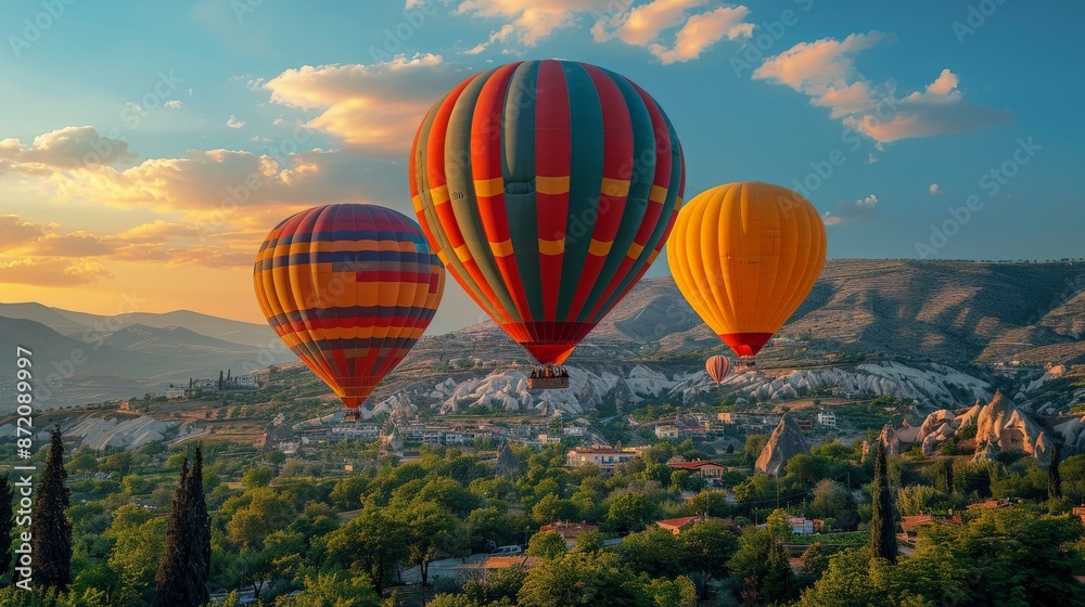 Fototapeta premium Aerial shot Colorful hot air balloon flying over Cappadocia, Turkey. 