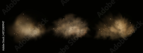 Vector background of a sand explosion with dirt and cloud smoke. Brown sandstorm splash and  dirty ground with a textured wind effect.Yellow flying particles and stone.