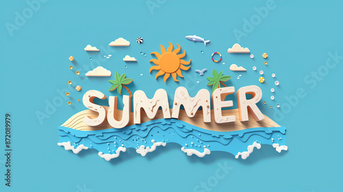 Vintage word Summer illustration with vacation attributes, water, sand and palms