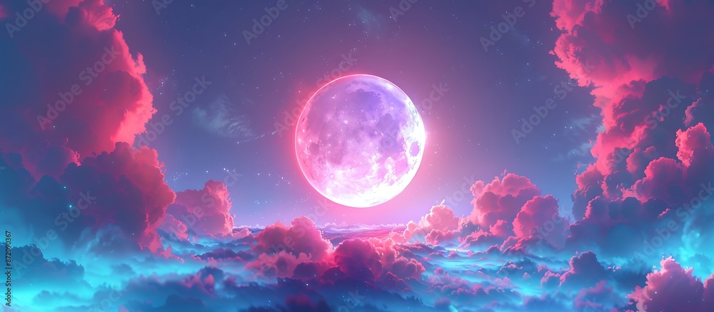 The glowing moon set against vibrant pink and blue clouds, depicted with exquisite fantasy details and anime-inspired artistry. The glowing moon set against vibrant pink and blue clouds, depicted with exquisite fantasy details and anime-inspired artistry.