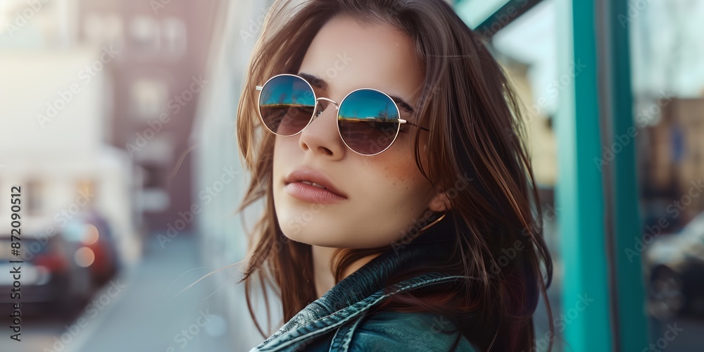 A woman wearing sunglasses and a black jacket is standing in front of a building A woman wearing sunglasses and a black jacket is standing in front of a building