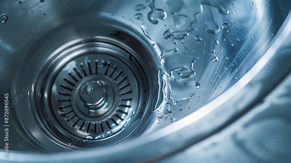 Water drips into the gleaming corner of a stainless steel sink, captured in a close-up view. Water drips into the gleaming corner of a stainless steel sink, captured in a close-up view.