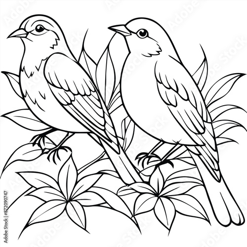 Two birds sitting with flowers, coloring page, vector black color, solid white background