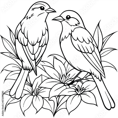 Two birds sitting with flowers, coloring page, vector black color, solid white background