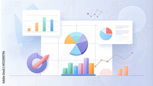 A clean and modern infographic design displaying various types of charts and graphs in soft colors, representing data analysis and statistics.