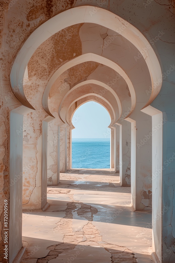 A long, narrow hallway with white pillars and a blue sky in the background. The hallway is empty and the only person visible is a shadow on the wall A long, narrow hallway with white pillars and a blue sky in the background. The hallway is empty and the only person visible is a shadow on the wall