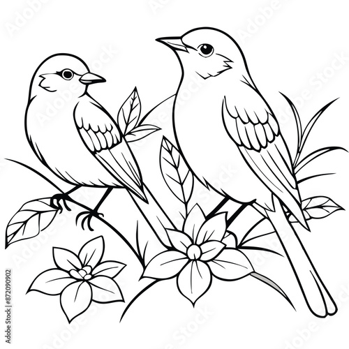 Two birds sitting with flowers, coloring page, vector black color, solid white background