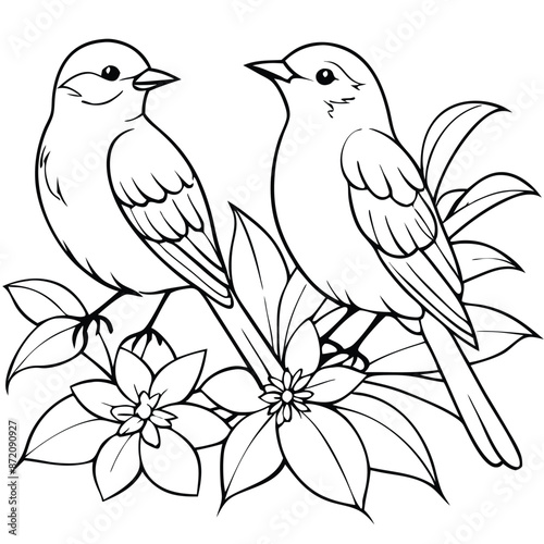 Two birds sitting with flowers, coloring page, vector black color, solid white background