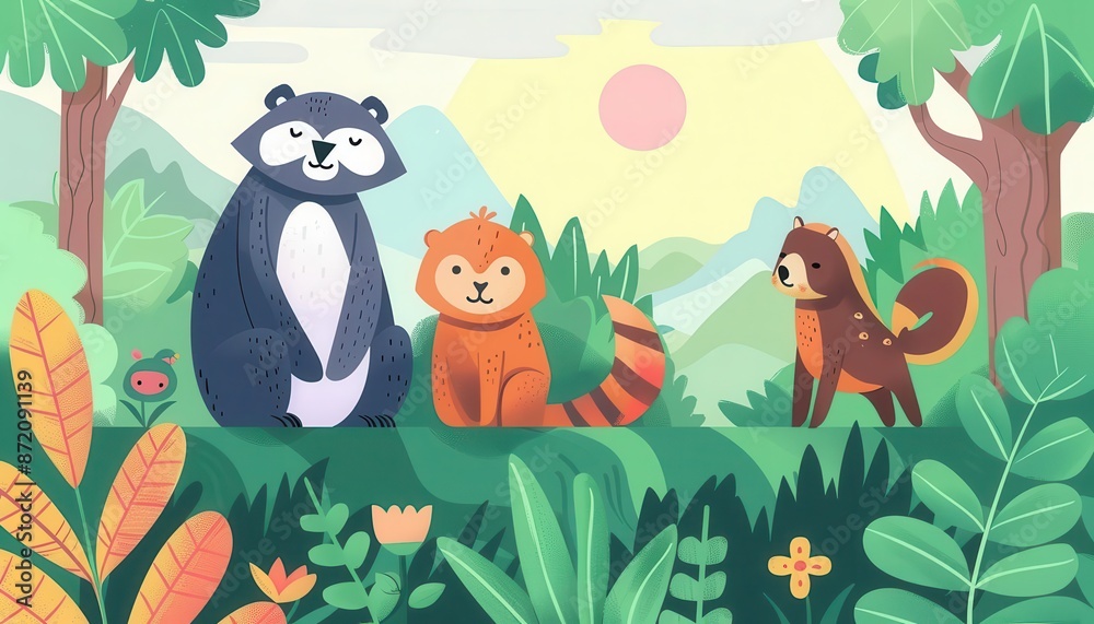Naklejka premium Animals in nature, exploration journey, flat design illustration