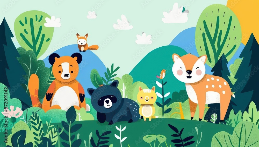 Fototapeta premium Animals in nature, exploration journey, flat design illustration