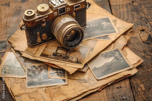 Vintage camera placed on old photographs and maps, evoking nostalgia and historic memories with a rustic wooden background. photo