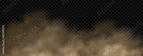 Vector background of a sand explosion with dirt and cloud smoke. Brown sandstorm splash and  dirty ground with a textured wind effect.Yellow flying particles and stone.