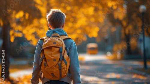 School Boy with Yellow Backpack Walking to School photo