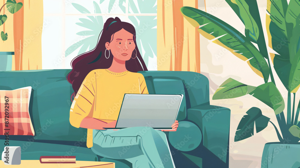 A young woman working from home on the couch using a laptop. A young woman working from home on the couch using a laptop.