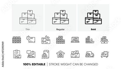 Warehouse manager, Wholesale stock, Goods checklist. Inventory line icons. Delivery logistic, Box shelf, Warehouse distribution outline icons. Wholesale freight, Storage and Inventory operator. Vector