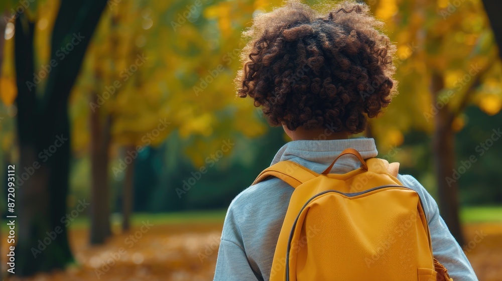 Fototapeta premium Autumn Walk: School Boy and School Bus