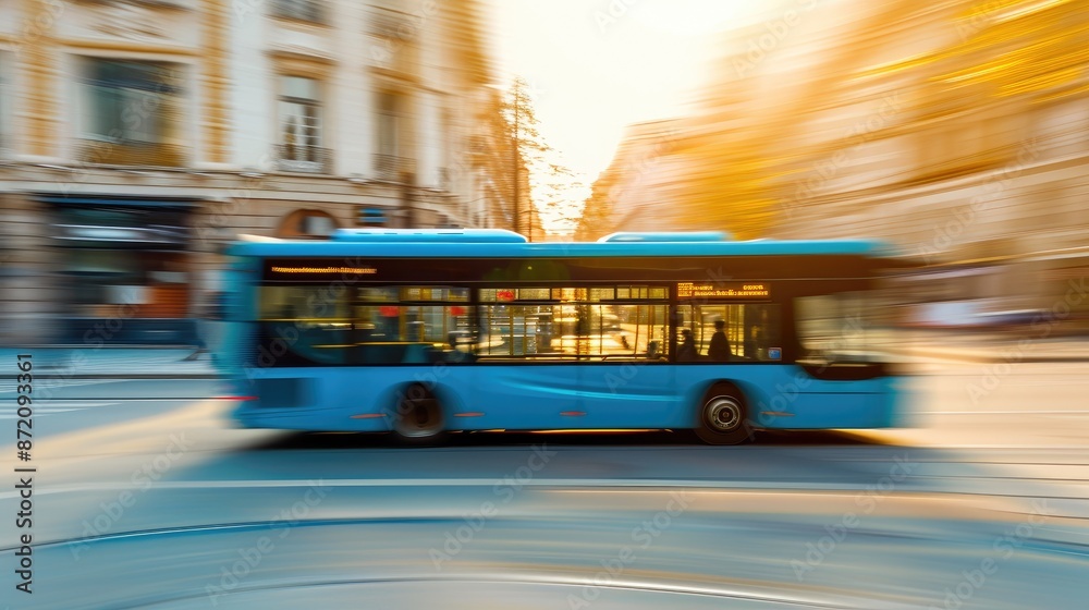 Sleek Design in Motion: Blue City Bus on Sunny European Street Sleek Design in Motion: Blue City Bus on Sunny European Street